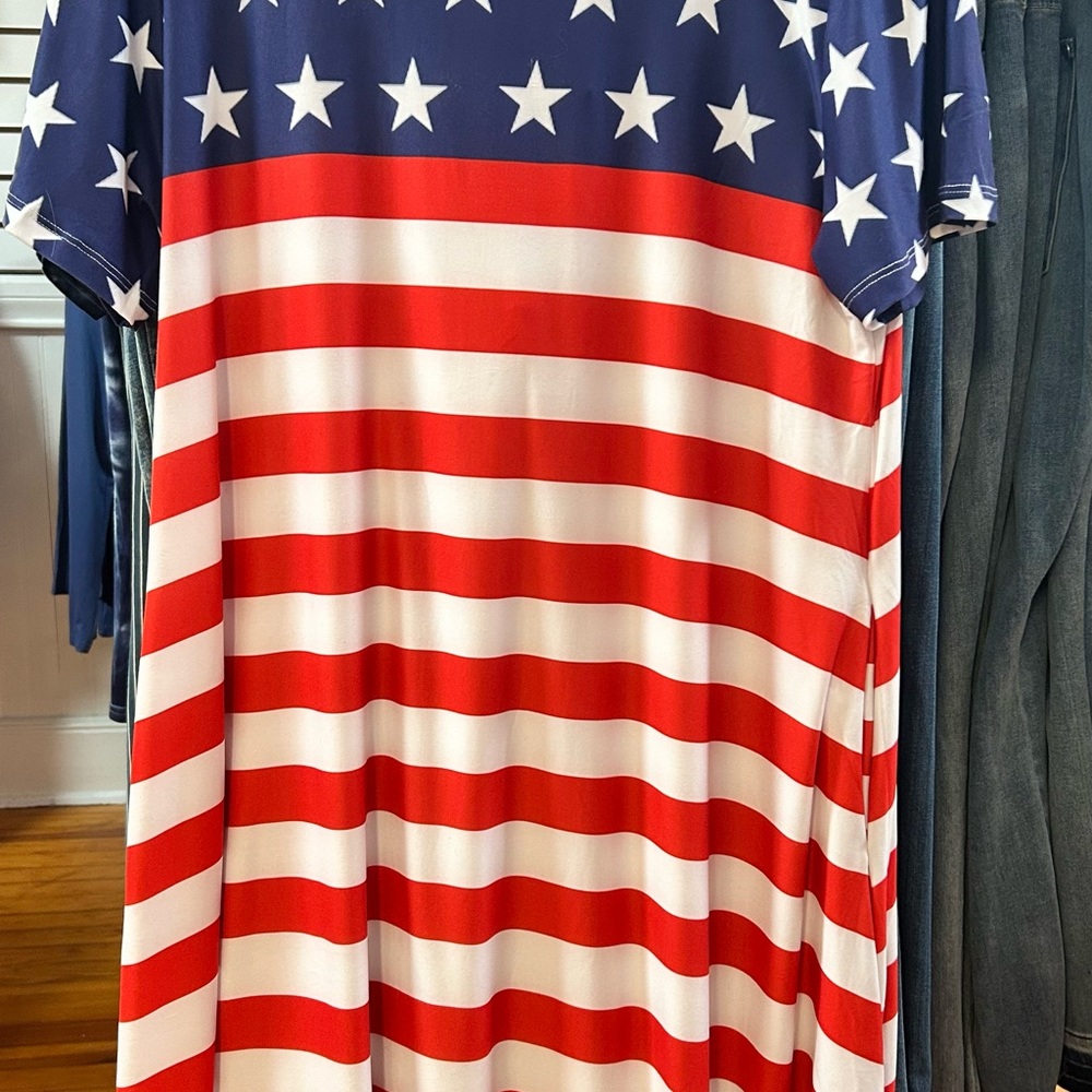 Yelete Red White and Blue Stars & Stripes Patriotic Dress With Pockets.